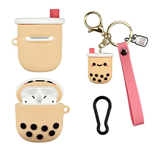 AIIEKZ Cute Airpods Case with Boba Keychain,Girly Pink Boba Milk Tea Silicone Protective Case Compatible with AirPods 2&1 Generation Case for Girls and Women