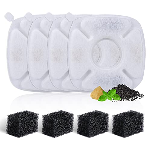 4 Pack Replacement Filters & 4 Pack Replacement Pre-Filter Sponges for 67/95/135/85oz Automatic Pet Fountain, BFLICROY Cat Water Fountain Filters, Triple Filtration Dog Fountain Filter Replacement