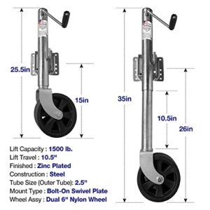 Linkloos Swivel Trailer Jack, 1500 Lbs Capacity Dual 6 inch Wheel,10.5" Lift, 25 to 35" Length Lift Heavy Duty Boat Trailer Jack for Swing-Back Boat, RV Utility