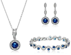 crystalline azuria round blue simulated sapphire zirconia crystals set pendant necklace 18 inches earrings bracelet 18k white gold plated for women