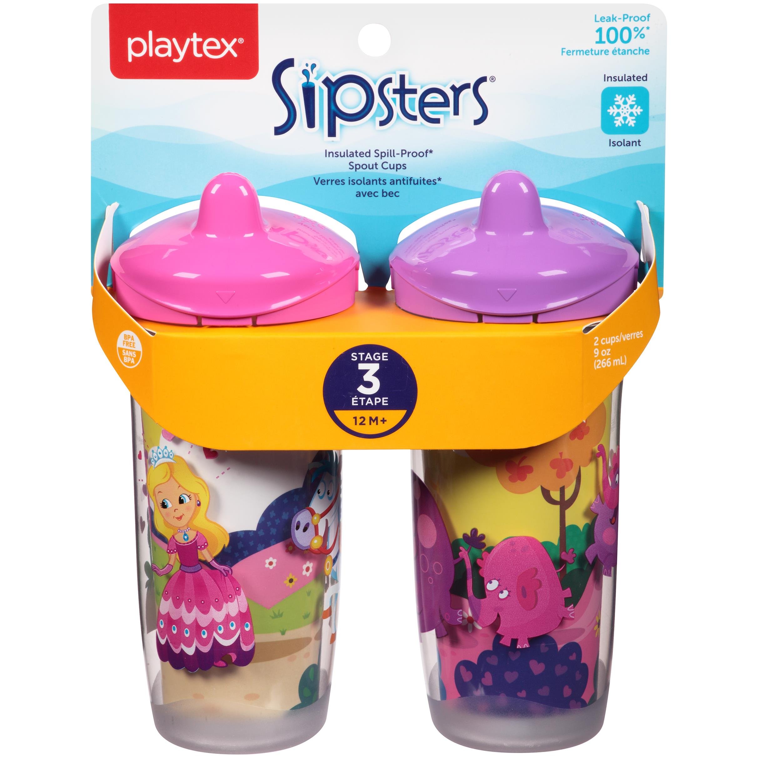 Playtex Sipsters Stage 3 Spill-Proof, Leak-Proof, Break-Proof Insulated Spout Sippy Cups - 9 Ounce - 2 Pack (Color and Design May Vary)