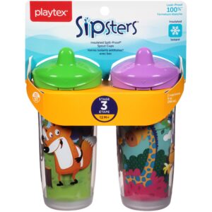 Playtex Sipsters Stage 3 Spill-Proof, Leak-Proof, Break-Proof Insulated Spout Sippy Cups - 9 Ounce - 2 Pack (Color and Design May Vary)