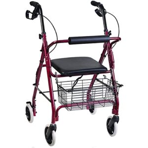 dmi freedom lightweight folding aluminum rollator walker with adjustable handle height, fsa and hsa eligible, cushioned flip up seat and convenient storage basket, burgundy