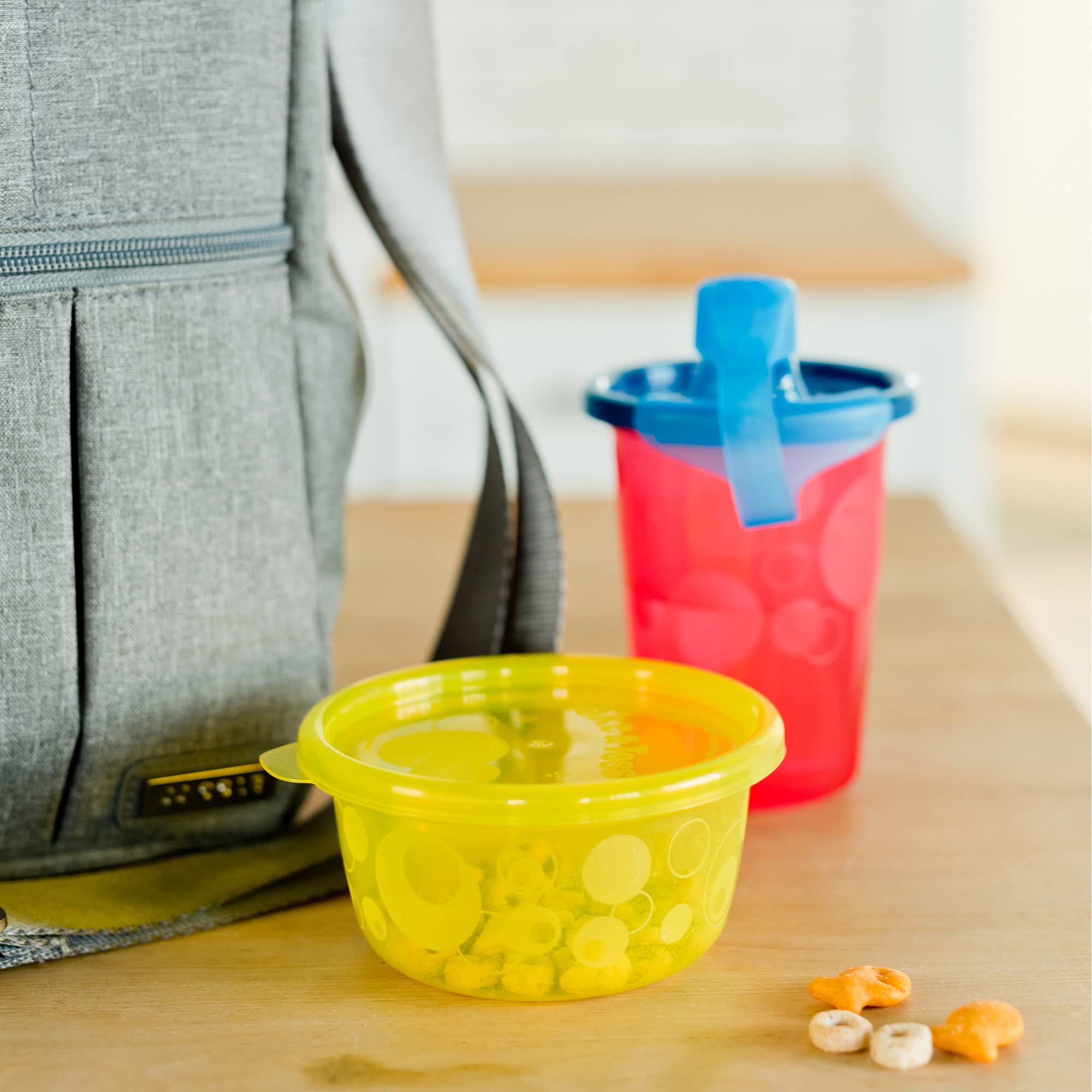 The First Years Take and Toss Toddler Feeding Set — Includes Dishwasher Safe Toddler Bowls, Toddler Snack Cups, Toddler Forks and Spoons, and Toddler Sippy Cups with Snap-On Lids — 28 Count