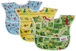bumkins dr seuss superbib, baby bib, waterproof, washable, stain and odor resistant, 6-24 months (pack of 3) - green eggs, yellow fish, cat in the hat