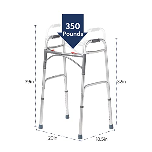 Drive Medical Deluxe 2-Button Folding Walker, Lightweight Walkers for Seniors and Adults, Medical Walker, Bariatric Walker (Up to 350 Pounds), Silver