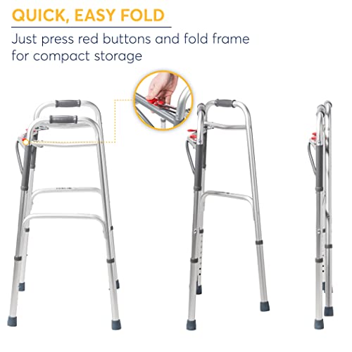 Drive Medical Deluxe 2-Button Folding Walker, Lightweight Walkers for Seniors and Adults, Medical Walker, Bariatric Walker (Up to 350 Pounds), Silver