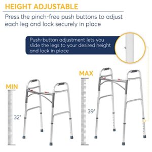 Drive Medical Deluxe 2-Button Folding Walker, Lightweight Walkers for Seniors and Adults, Medical Walker, Bariatric Walker (Up to 350 Pounds), Silver