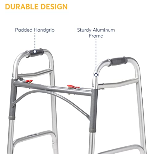 Drive Medical Deluxe 2-Button Folding Walker, Lightweight Walkers for Seniors and Adults, Medical Walker, Bariatric Walker (Up to 350 Pounds), Silver