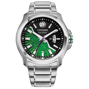 citizen eco-drive men's marvel hulk stainless steel watch, black and green dial, luminous, 3-hand date, 43mm (model: aw1351-56w)