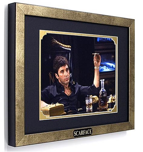 Scarface - Al Pacino as Tony Montana with Cigar. Framed Photo in the Custom Made Modern Scratched Gold Wood Frame (15.5 x 12.5)