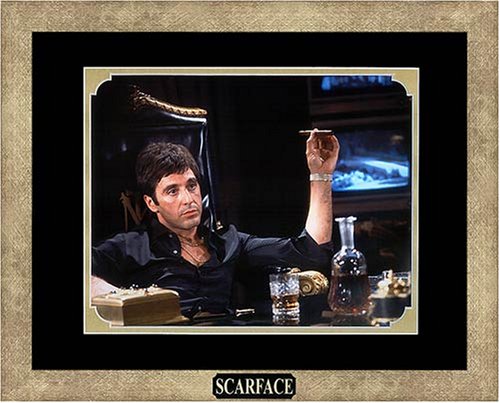 Scarface - Al Pacino as Tony Montana with Cigar. Framed Photo in the Custom Made Modern Scratched Gold Wood Frame (15.5 x 12.5)