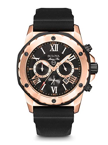 Bulova Men's Marine Star Series A Rose Gold Stainless Steel 6-Hand Chronograph Quartz Watch, Black Silicone Strap Style: 98B104