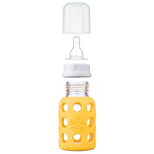 Lifefactory 4-Ounce BPA-Free Glass Baby Bottle with Protective Silicone Sleeve and Stage 1 Nipple, Yellow