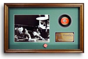the hustler billiard movie memorabilia game room decor framed photo, plate, real pool ball, chalk custom made real wood dark walnut shadowbox frame (21 1/4 x 13 1/4")
