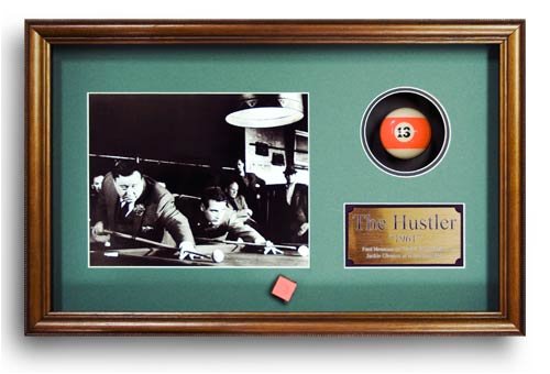 The Hustler Billiard Movie Memorabilia Game Room Decor Framed Photo, Plate, Real Pool Ball, Chalk Custom Made Real Wood Dark Walnut Shadowbox Frame (21 1/4 x 13 1/4")