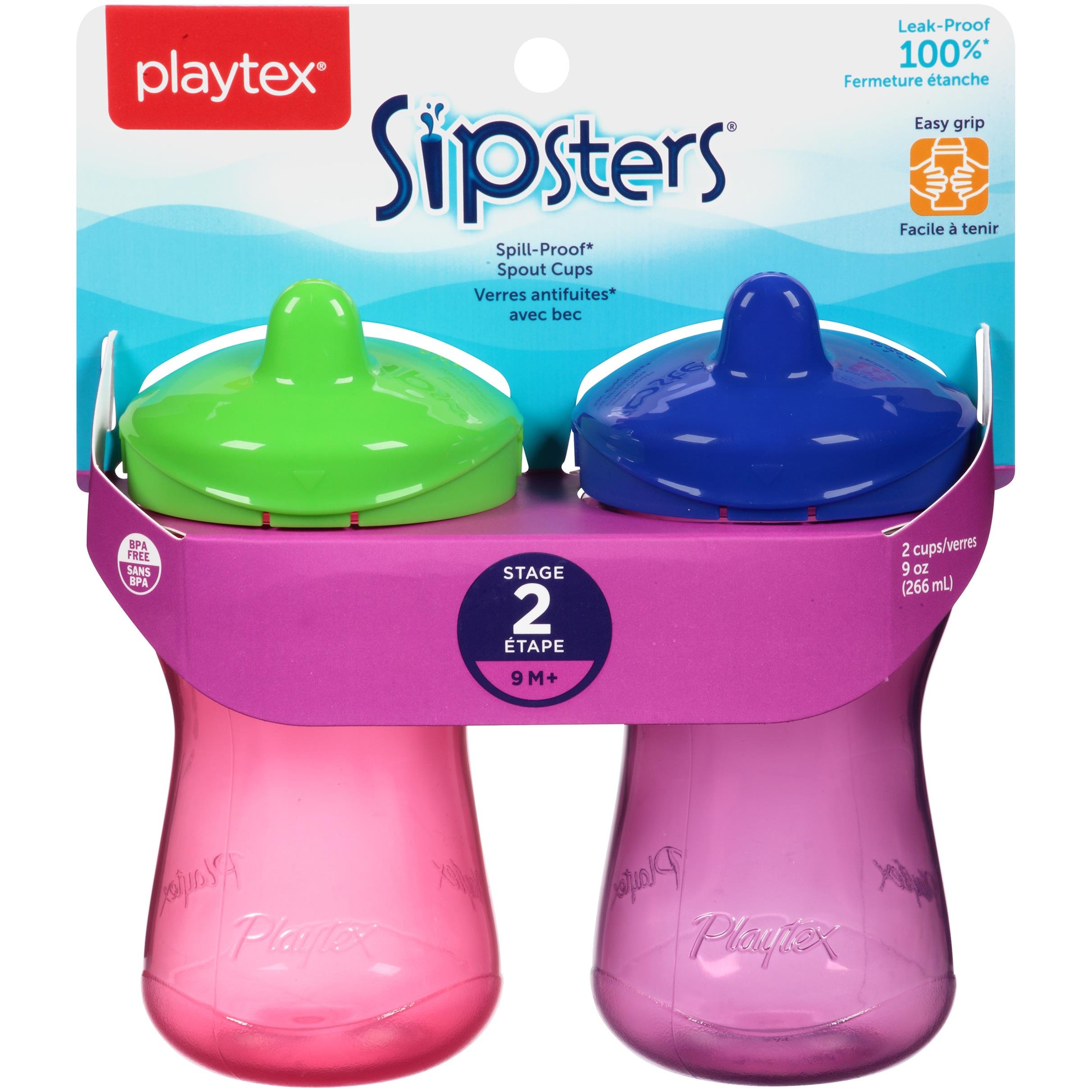 Playtex Sipsters Stage 2 Spill-Proof, Leak-Proof, Break-Proof Spout Sippy Cups - 9 Ounce - 2 Count (Color May Vary)