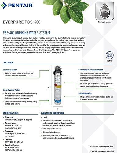 Pentair Everpure PBS-400 Drinking Water System, EV927085, Ideal for use in Prep Sink and Wet Bar, Includes Filter Head, Filter Cartridge, All Hardware and Connectors