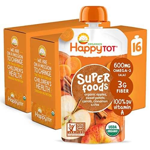 HAPPYTOT Organics Super Foods Stage 4, Apples, Sweet Potatoes, Carrots & Cinnamon + Super Chia, 4.22 Ounce Pouch (Pack of 16)