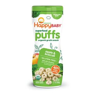 happy baby organic superfood puffs apple & broccoli, 2.1 ounce canister organic baby or toddler snacks, crunchy fruit & veggie snack, choline to support brain & eye health