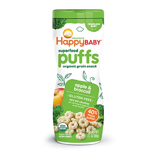 Happy Baby Organic Superfood Puffs Apple & Broccoli, 2.1 Ounce Canister Organic Baby or Toddler Snacks, Crunchy Fruit & Veggie Snack, Choline to Support Brain & Eye Health