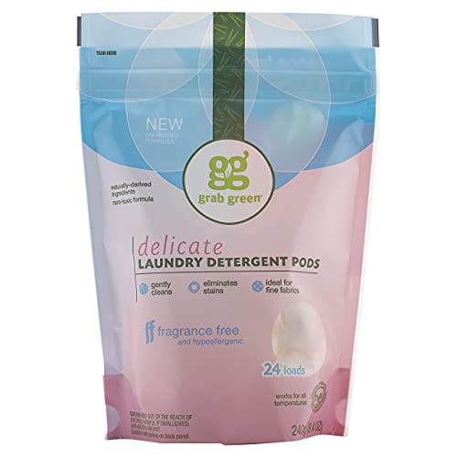 Grab Green Natural Delicate Wash Laundry Detergent Pods, Fragrance Free, Unscented/Free & Clear, 24 Loads