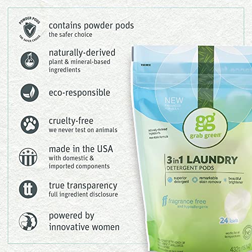 Grab Green 3-in-1 Laundry Detergent Pods, 24 Count, Fragrance Free, Plant and Mineral Based, Superior Cleaning Power, Stain Remover, Brightens Clothes