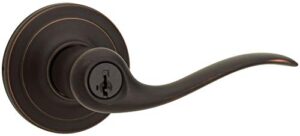 kwikset tustin entry door lock lever, secure keyed exterior entrance, with reversible handle, smartkey re-key security technology and microban protection in venetian bronze