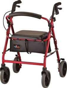 nova zoom rollator walker with 22” seat height, rolling walker with locking hand brakes, padded seat and 8” wheels, color red