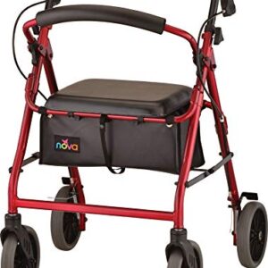 NOVA Zoom Rollator Walker with 22” Seat Height, Rolling Walker with Locking Hand Brakes, Padded Seat and 8” Wheels, Color Red