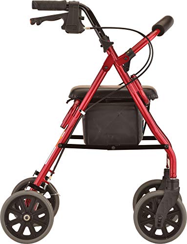 NOVA Zoom Rollator Walker with 22” Seat Height, Rolling Walker with Locking Hand Brakes, Padded Seat and 8” Wheels, Color Red