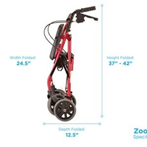 NOVA Zoom Rollator Walker with 22” Seat Height, Rolling Walker with Locking Hand Brakes, Padded Seat and 8” Wheels, Color Red