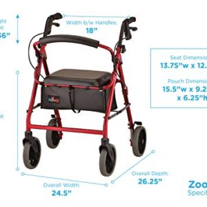 NOVA Zoom Rollator Walker with 22” Seat Height, Rolling Walker with Locking Hand Brakes, Padded Seat and 8” Wheels, Color Red