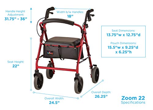 NOVA Zoom Rollator Walker with 22” Seat Height, Rolling Walker with Locking Hand Brakes, Padded Seat and 8” Wheels, Color Red