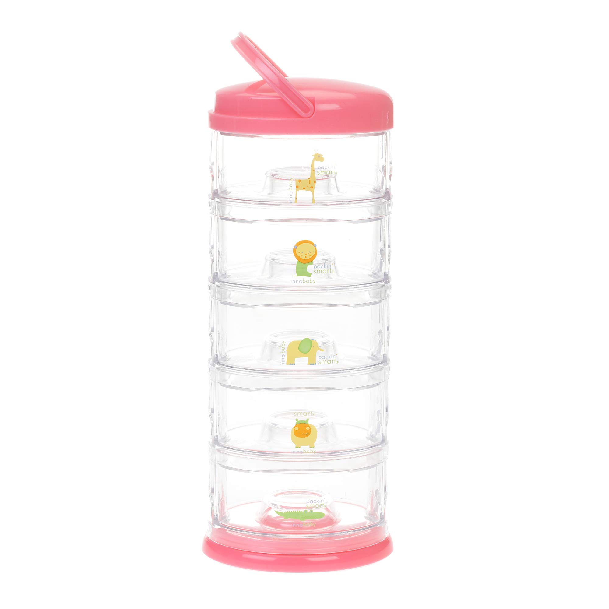 Innobaby Packin' Smart Stackable and Portable Storage System for Formula, Baby Snacks and More. Set of 5 Stackable Containers in Strawberry Sorbet. BPA Free.