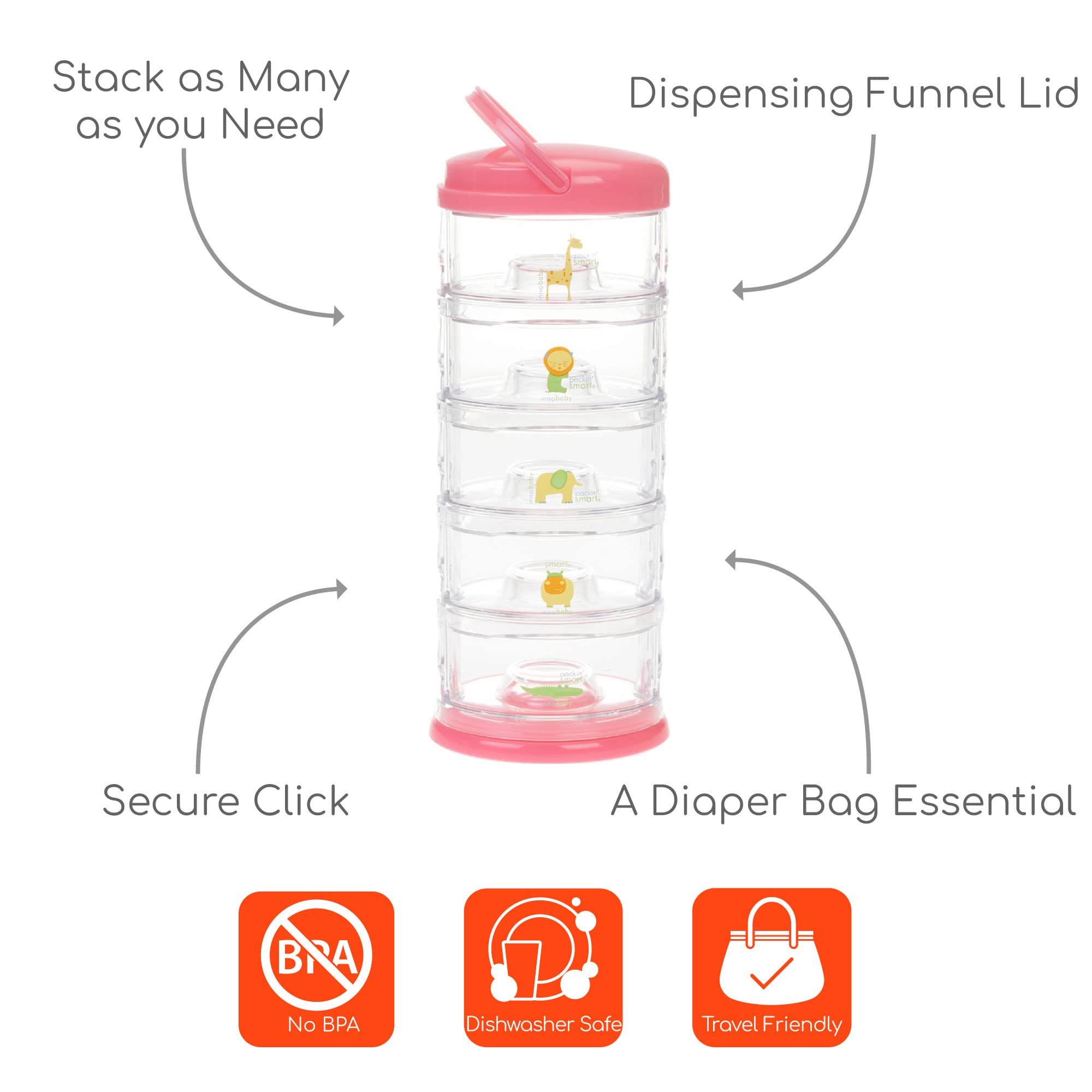 Innobaby Packin' Smart Stackable and Portable Storage System for Formula, Baby Snacks and More. Set of 5 Stackable Containers in Strawberry Sorbet. BPA Free.