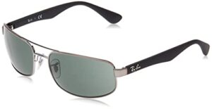 ray-ban men's rb3445 rectangular sunglasses, gunmetal/dark green, 64 mm