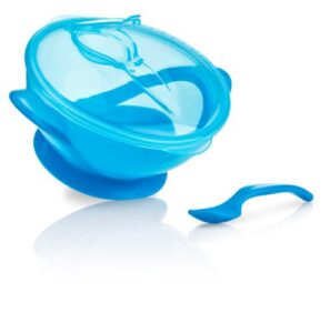 nuby easy go suction bowl with lid and snap-in spoon, colors may vary