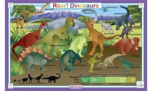 tot talk made in the usa dinosaur placemat for kids with stem and science educational activities on the back - waterproof, washable placemats for kids