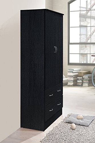 HODEDAH IMPORT Two Door Wardrobe, with Two Drawers, and Hanging Rod, Black