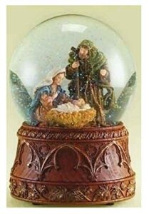 christmas nativity 120mm musical snow globe glitterdome with carved wood base - plays tune o'holy night