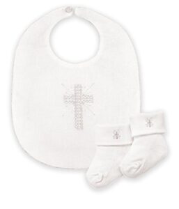 stephan baby infant boy/girl embroidered christening bib and bootie socks set, white