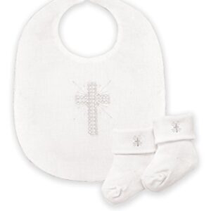 Stephan Baby Infant Boy/Girl Embroidered Christening Bib and Bootie Socks Set, White