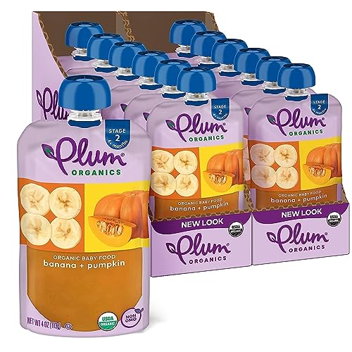 Plum Organics | Stage 2 | Organic Baby Food Meals [6+ Months] | Banana & Pumpkin | 4 Ounce Pouch (Pack Of 12) Packaging May Vary