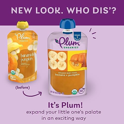 Plum Organics | Stage 2 | Organic Baby Food Meals [6+ Months] | Banana & Pumpkin | 4 Ounce Pouch (Pack Of 12) Packaging May Vary