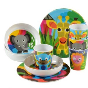 French Bull 4pc Toddler Kids Feeding Melamine Tableware Flatware BPA Free Dishwasher Safe, Durable Plate, Cup, Bowl, Divided Tray Dinnerware Set, 4 Count (Pack of 1), Jungle