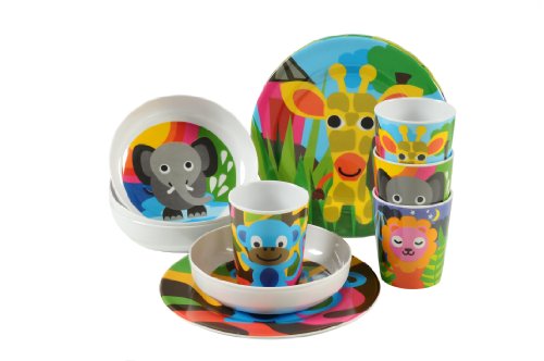 French Bull 4pc Toddler Kids Feeding Melamine Tableware Flatware BPA Free Dishwasher Safe, Durable Plate, Cup, Bowl, Divided Tray Dinnerware Set, 4 Count (Pack of 1), Jungle