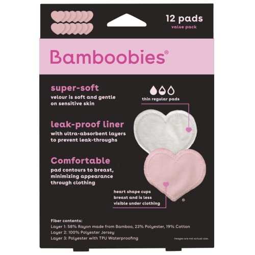 Bamboobies Women’s Nursing Pads, Reusable and Washable for Daily Use, Leak-Proof Pads for Breastfeeding, Pink, 12 Pads