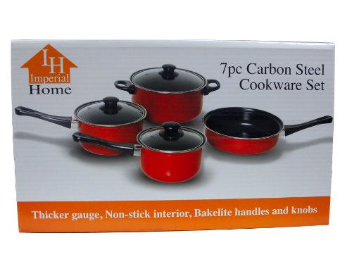 Imperial Home 7 Pc Carbon Steel Nonstick Cookware Set, Pots & Pans Set, Cooking Utensils, Cooking Set, Home Essentials, Kitchen Essentials, Frying Pan & Dutch Ovens (Red)
