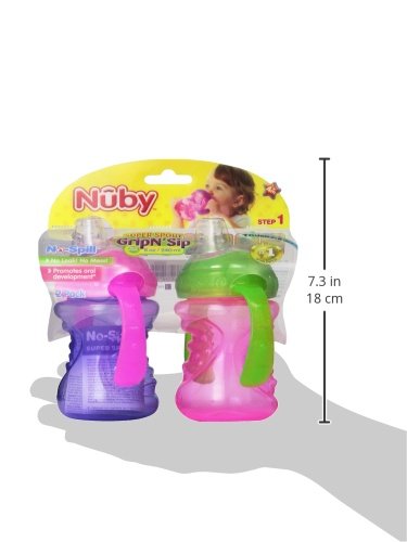 Nuby 2-Pack Two-Handle No-Spill Super Spout Grip N' Sip Cup, 8 Ounce, Colors May Vary